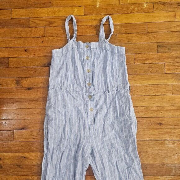 Everlane Romper The Linen Blue and White Stripe Square Neck Jumpsuit Women’s Siz - Picture 3 of 9